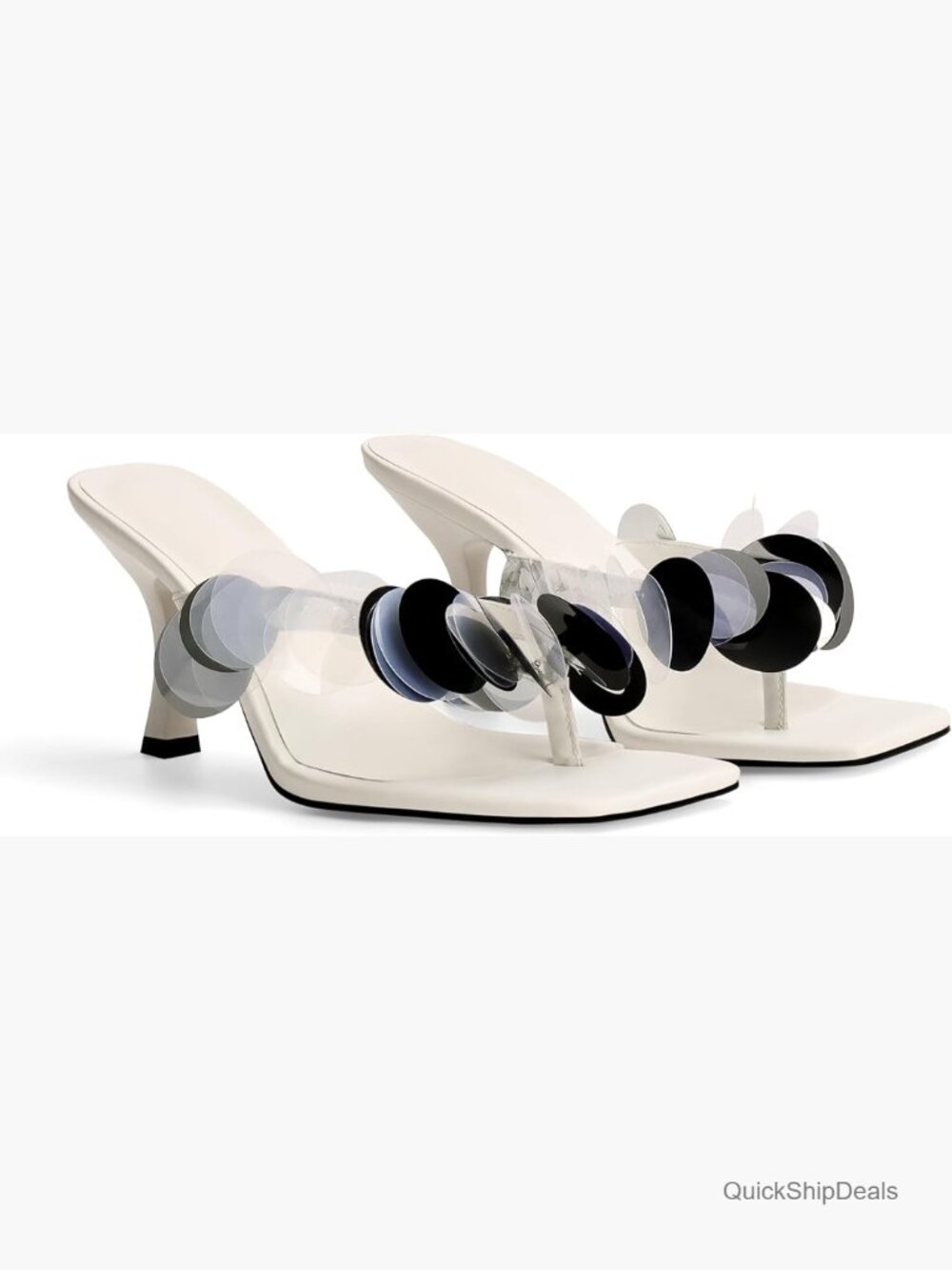 Square Open Strappy Kitten Heeled Sandals with Plastic Disc Straps - Picture 1 of 7